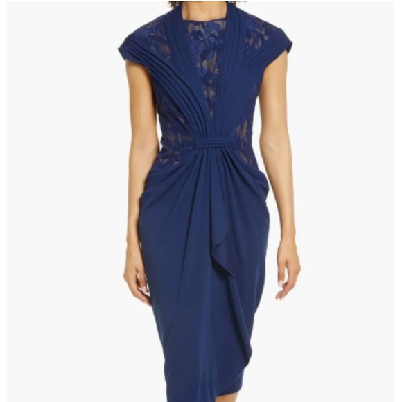 TADASHI SHOJI LACE INSET CAP SLEEVE NAVY COCKTAIL DRESS sz M A 20 - Picture 1 of 7
